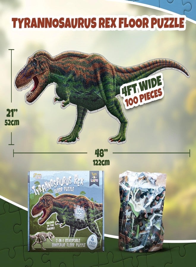 Genius Games Tyrannosaurus Rex Dinosaur Jigsaw Puzzle | 100-Piece Double Sided Floor Puzzle with Glow-in-The-Dark Skeleton On Other Side | 4 FT Scientifically Accurate Dino Illustration | Educational Toy for Kids - Image 4